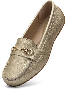 Women's Gold 100% Leather Round Toe Slip On Business Casual Dress Shoe